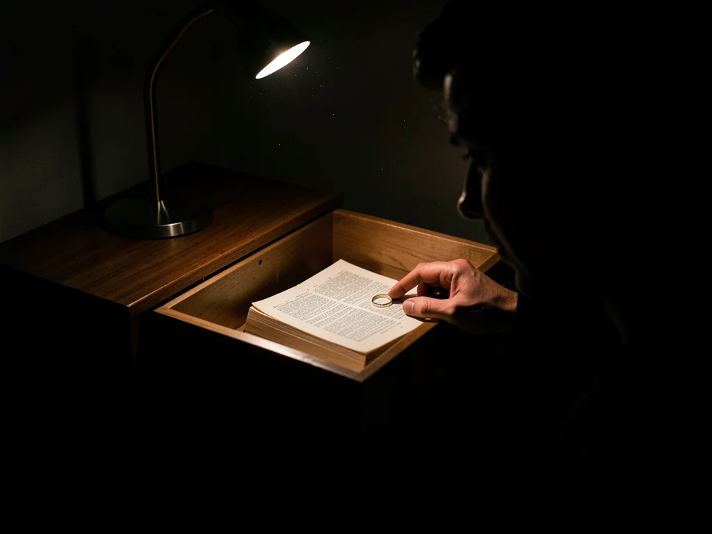 Nightstand drawer open revealing hotel Bible, single lamp light, someone's hand 