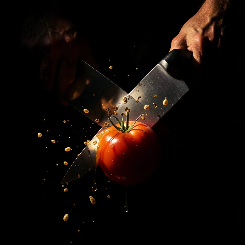 A chef's knife mid-chop through a tomato, the blade reflecting candlelight, seed