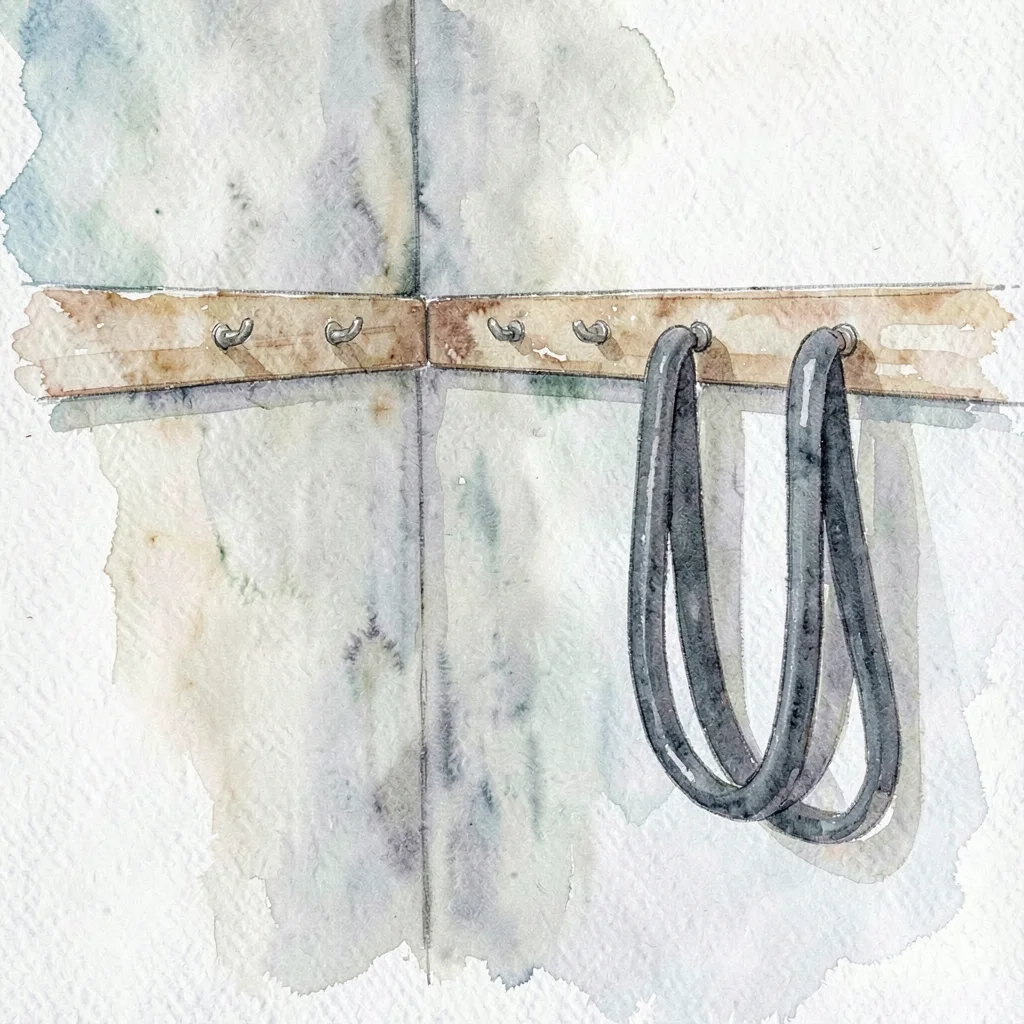 Watercolor of a quiet rehabilitation corner with resistance bands hanging on a w