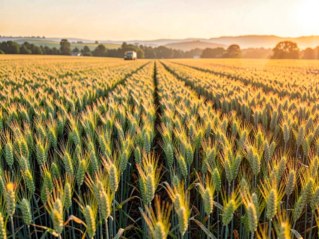 Young wheat as emerald wave across field