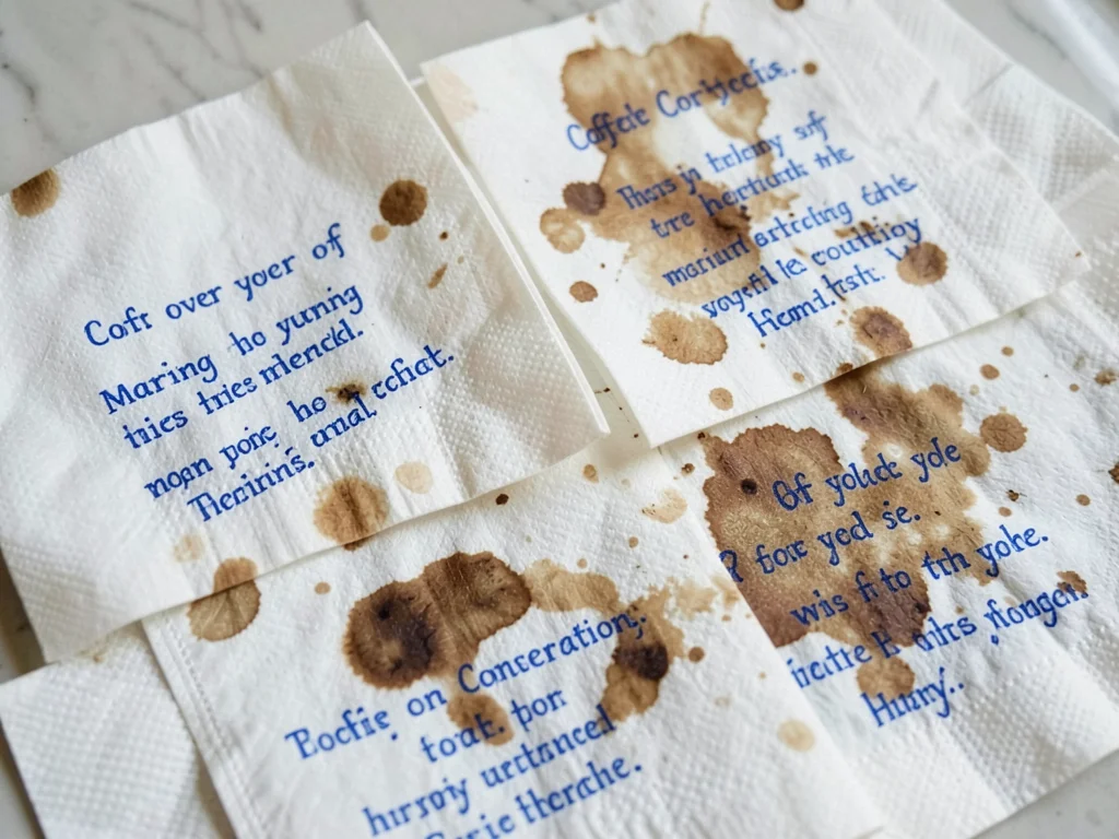 Coffee stains on napkins collected over a year of morning conversations, printed