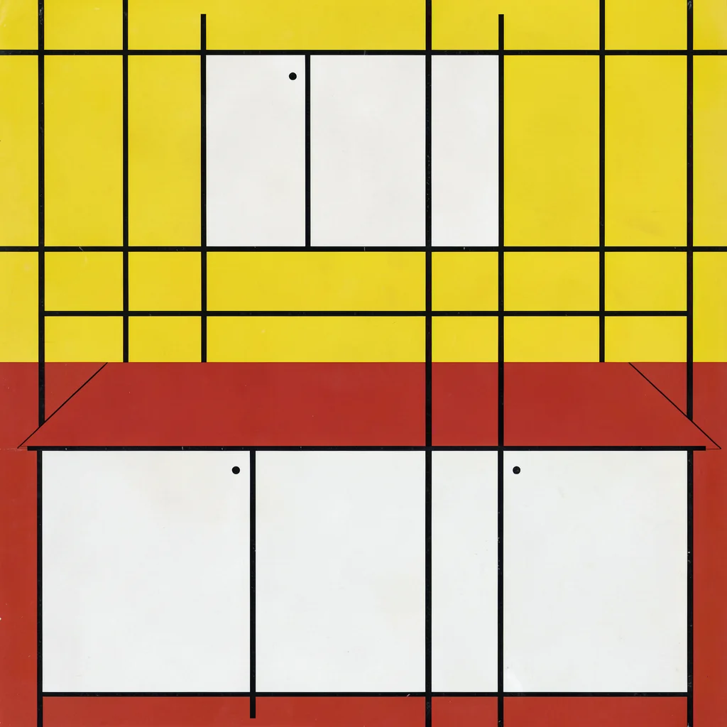 Kitchen counter reduced to red countertop, yellow wall, white cabinet rectangles