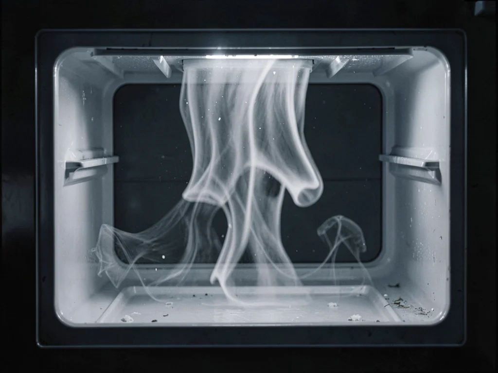 Cold air falling from open freezer visualized in schlieren