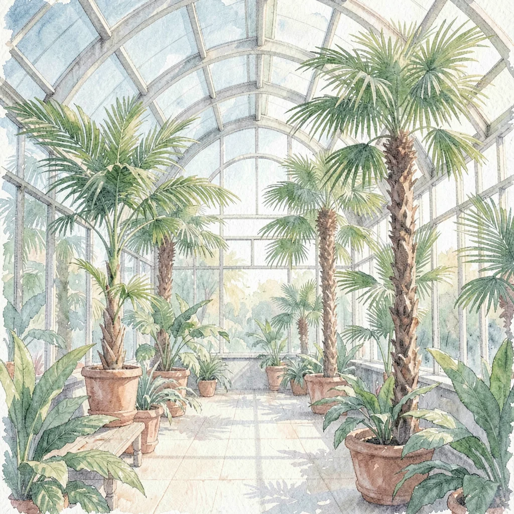 soft-wash interior of a tropical conservatory with palms