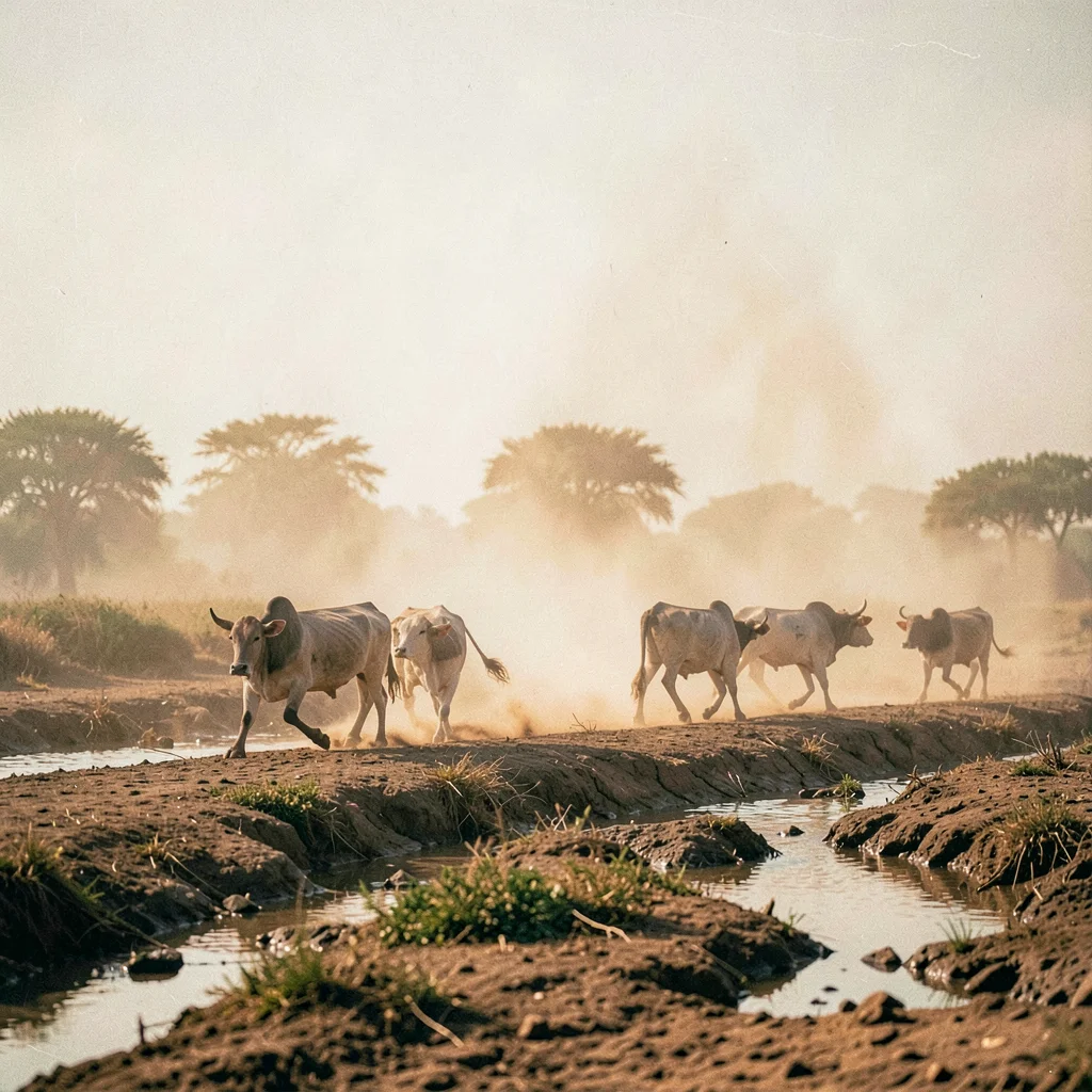 Golden Harmattan dust haze in Bamako, Mali, Cattle crossing dried riverbed, dust