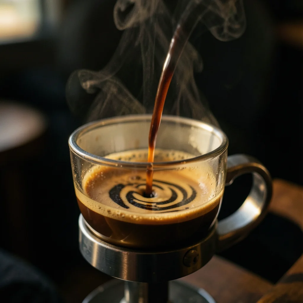 Espresso extraction close-up: the naked portafilter showing two streams of dark 