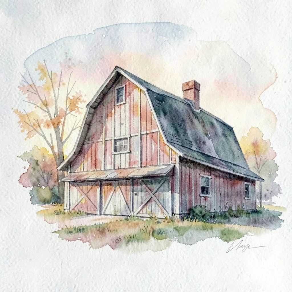 soft watercolor wash of a barn at dawn, painterly bleed