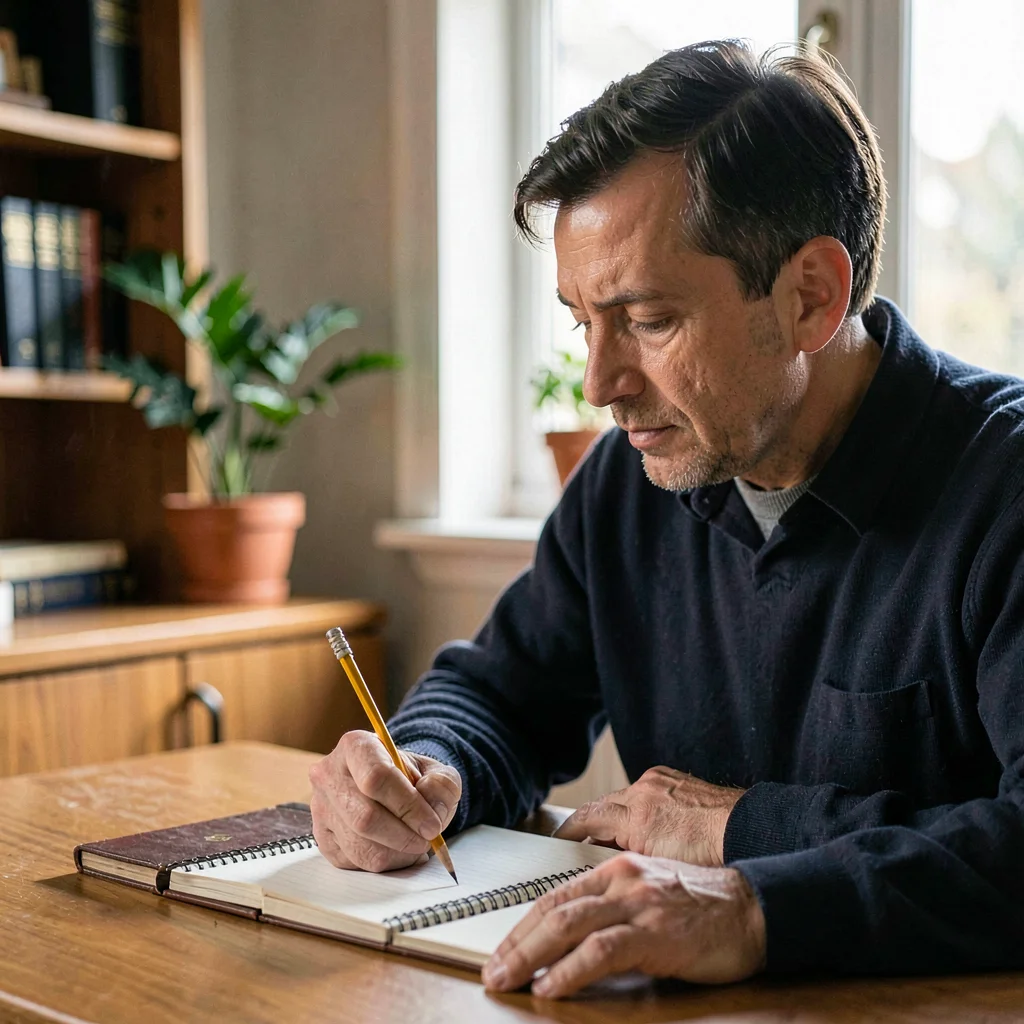 Side-light portrait of a tutor sharpening a pencil over a notebook