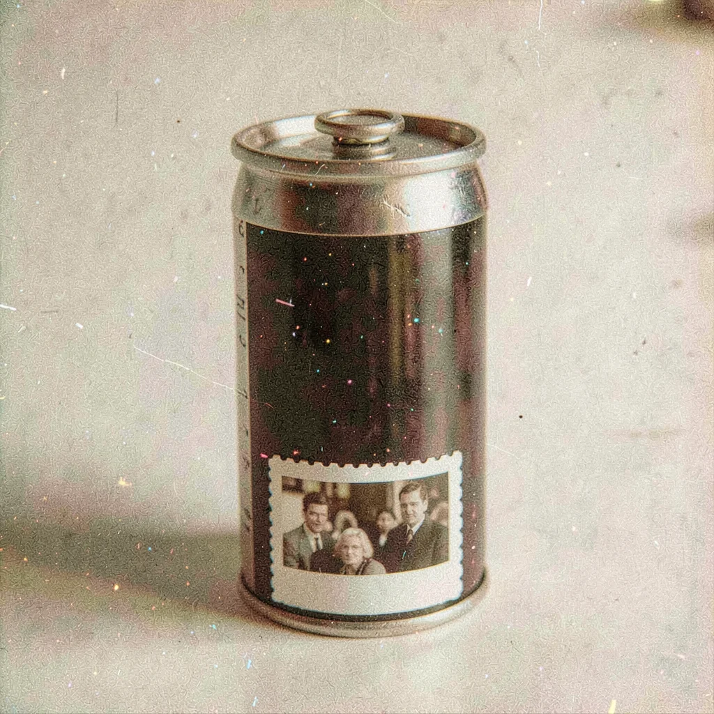Grainy digital illustration, film canister and photo negatives , film grain text