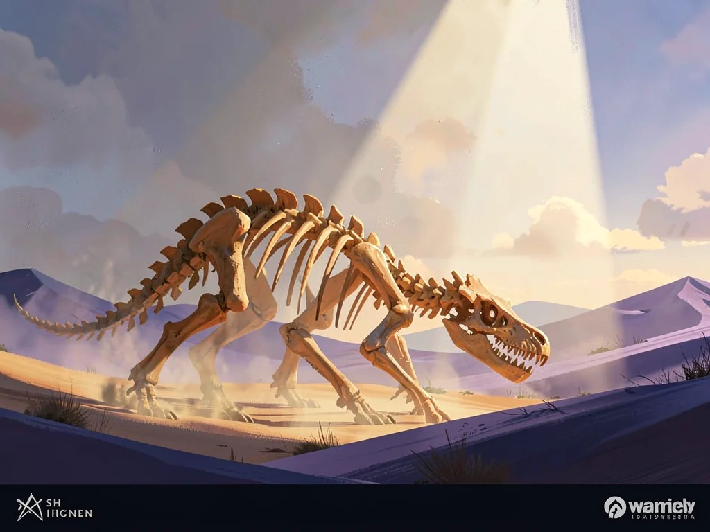 Dragon-skeleton on a desert plain, single noon shaft through sand haze, warm och