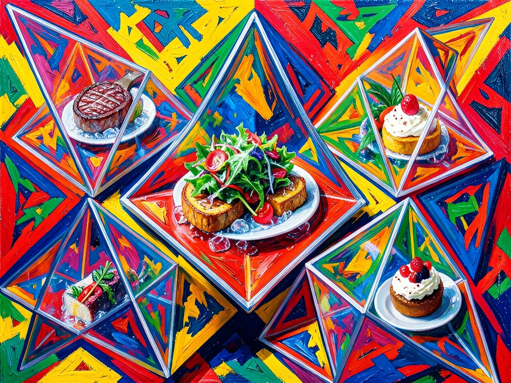 Geometric glass prisms but each prism contains a tiny frozen food scene — a stea