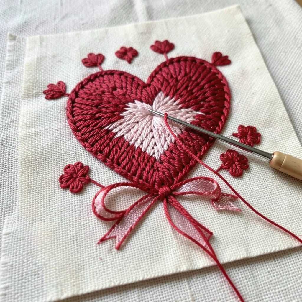 A hand-embroidered Valentine card on cream linen, a large heart stitched in grad