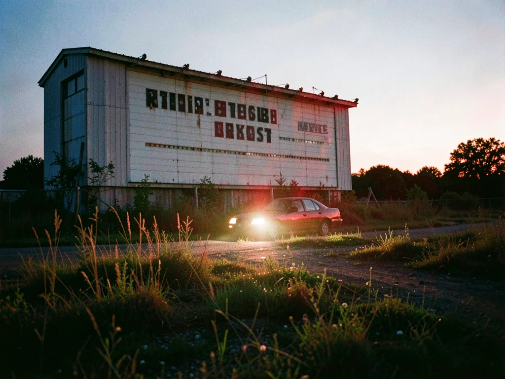 Abandoned drive-in movie screen at dusk with a single car's headlights illuminat