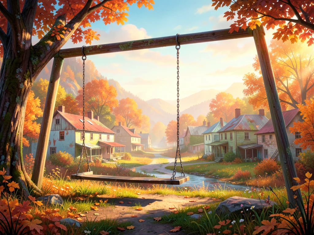 Landscape of nostalgia — autumn small town, empty swing, faded colors, warm afte