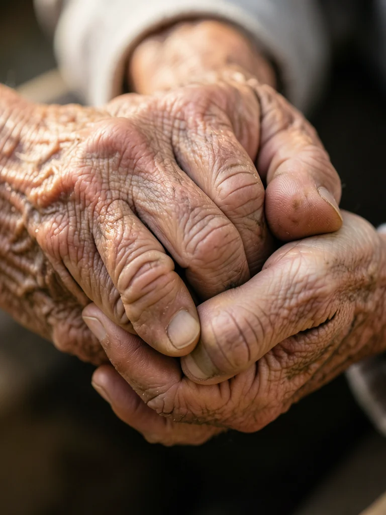 Hands with swollen knuckles gently holding a grandchild's hand, the size differe