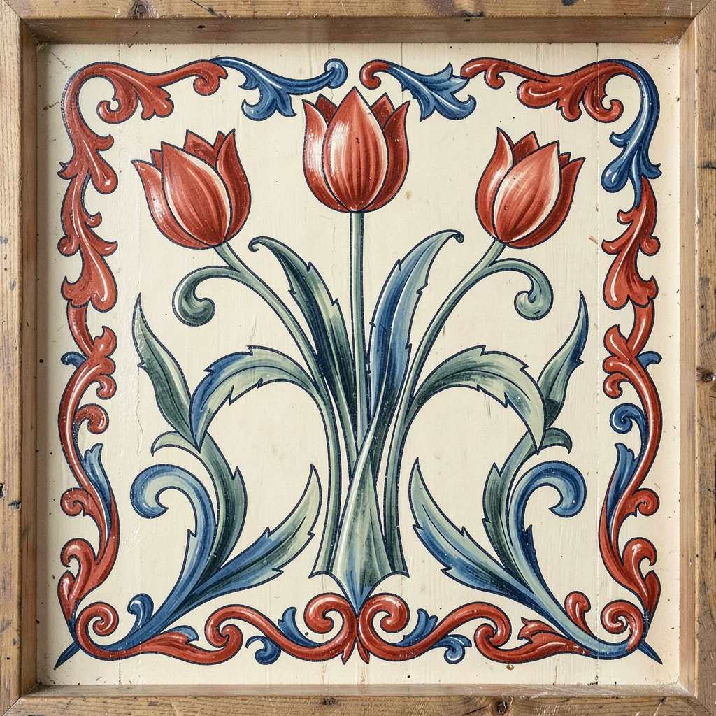 Scandinavian rosemaling illustration, stylized tulips with curving stems and lea