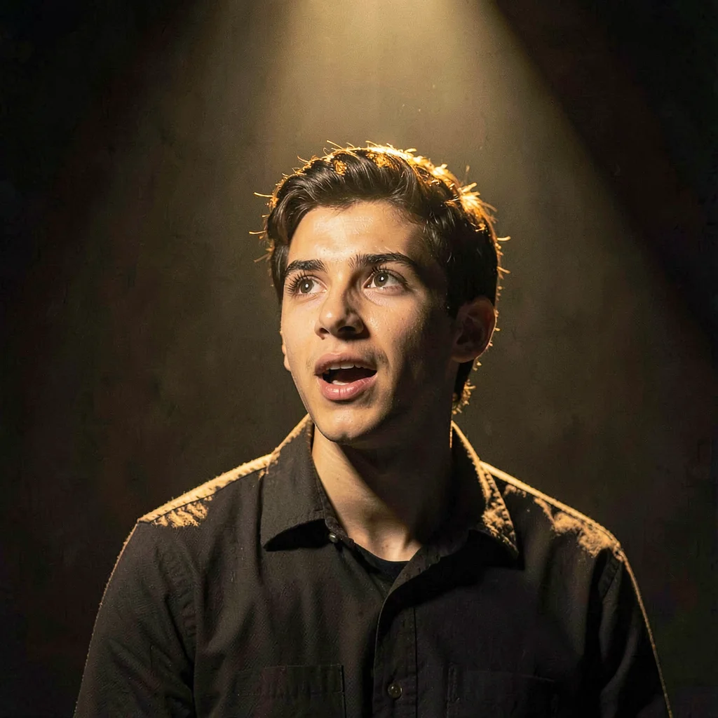 Student actor portrait mid-monologue under a single warm spotlight, painterly ch