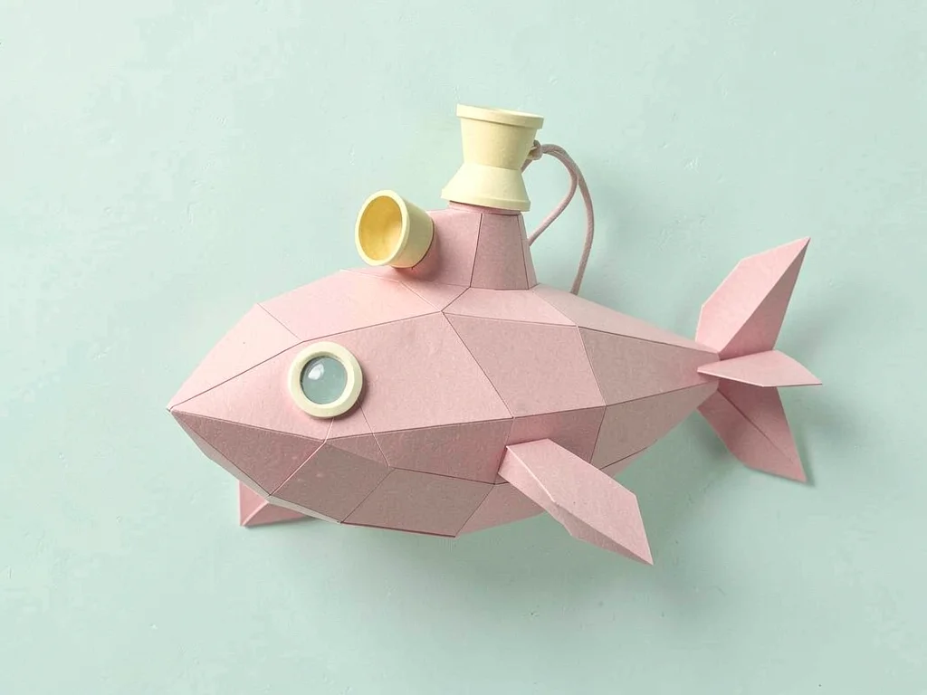 Submerged dusty-pink lowpoly submarine with cream portholes and a butter-yellow 