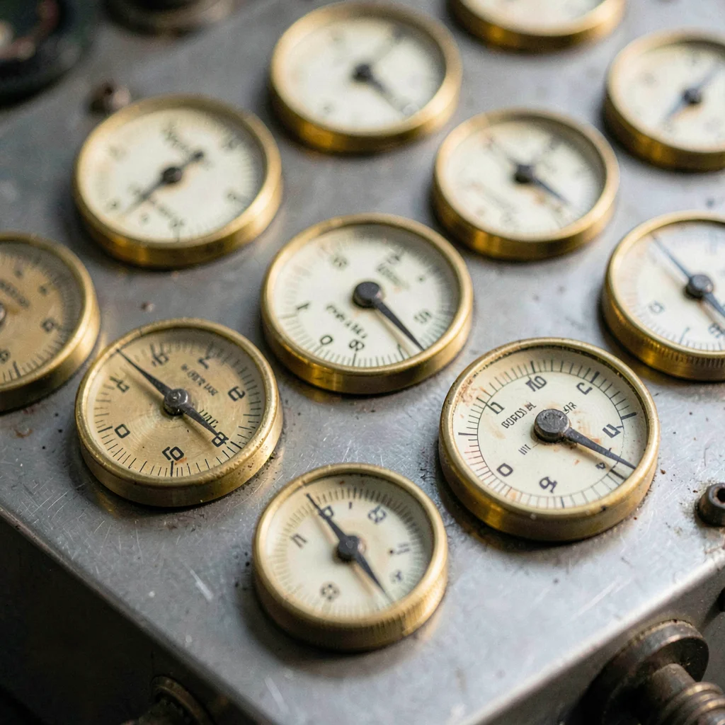 Tight study of brass gauge dials clustered on a steel control panel