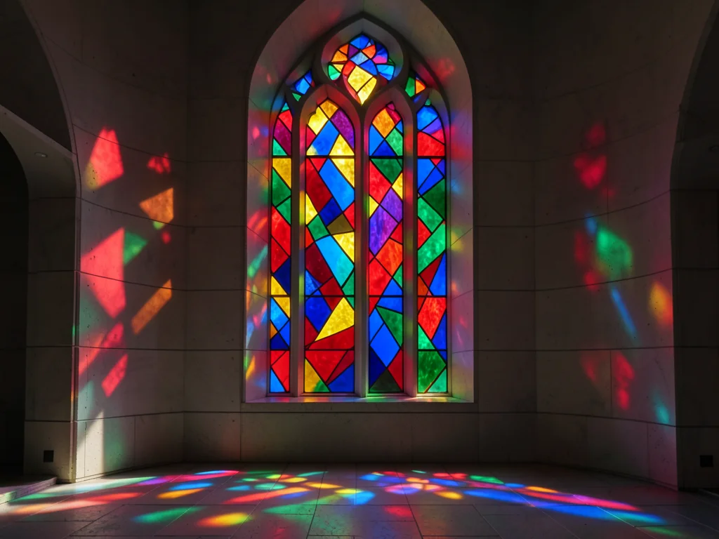 Abstract stained glass in a 1960s modernist church, bold geometric shapes in pri