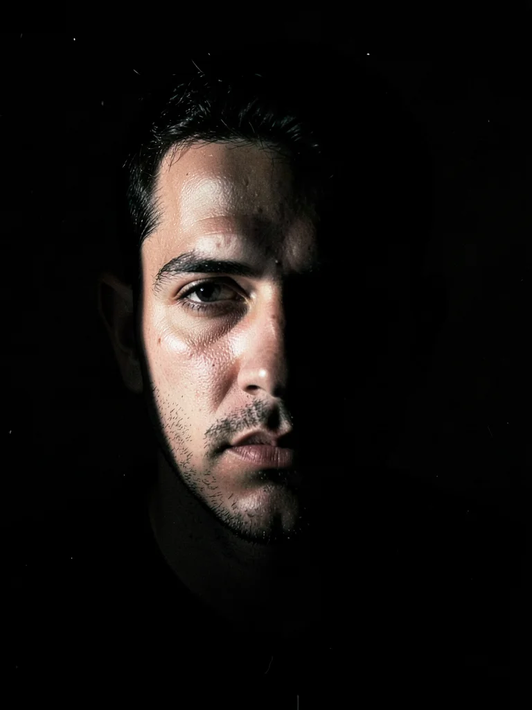 Half-face portrait emerging from shadow