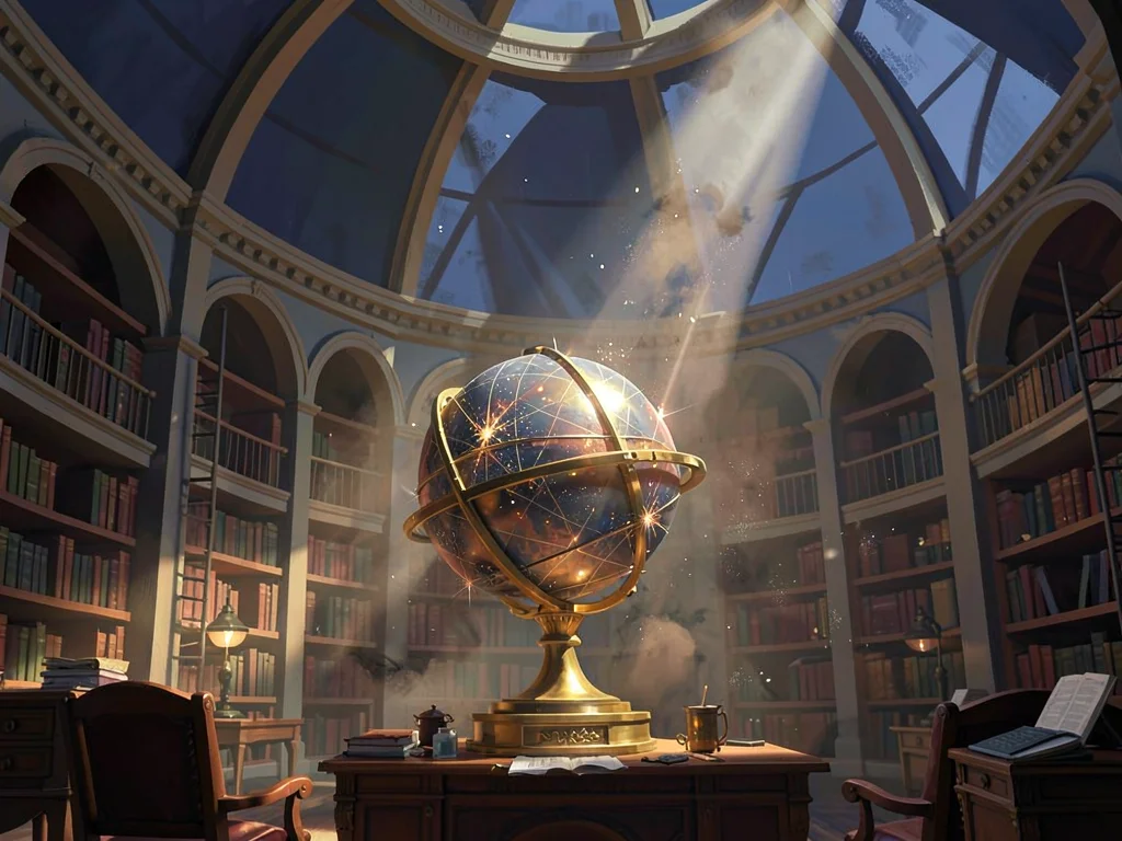 Grand observatory library where a single oculus beam strikes a star globe, warm 