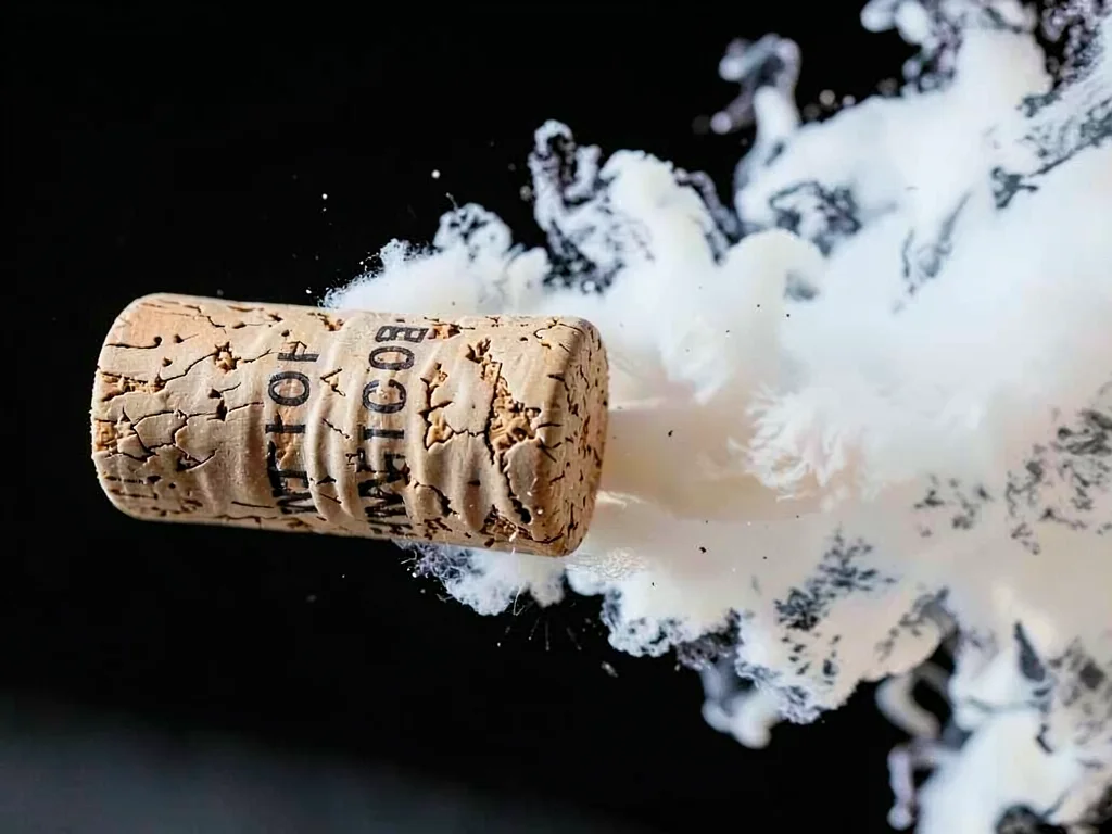 Champagne cork at exact moment of exit, gas cloud expanding