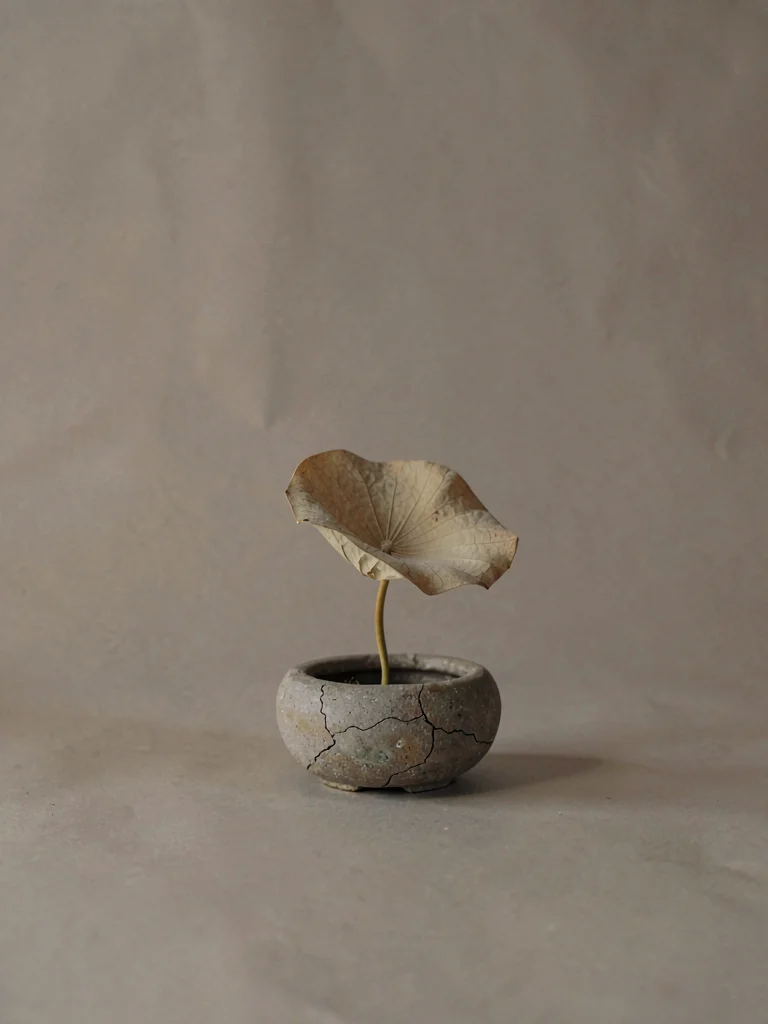 A simple ikebana with a single dried lotus leaf in a cracked stone vessel on war
