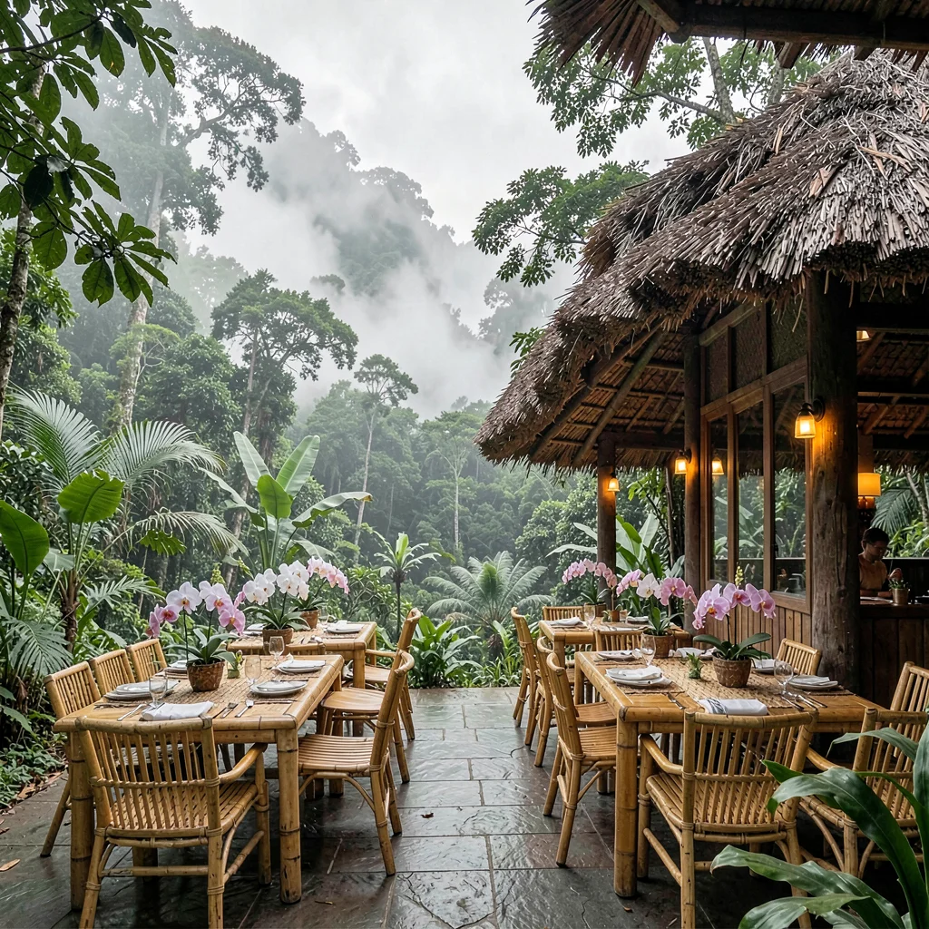 Cloud forest mist layers in Costa Rica, Outdoor eco-lodge dining area with bambo