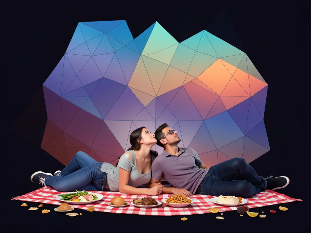 Couple lying on picnic blanket looking up at sky, scattered food around them