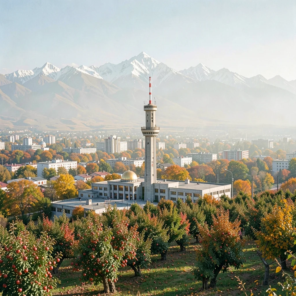 Tian Shan mountains behind Soviet Almaty, view from Soviet TV tower looking down