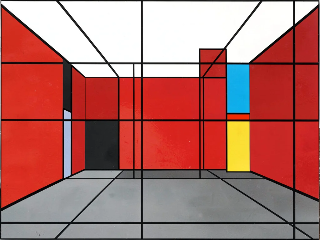 Empty warehouse interior — grey floor rectangle, red wall, white ceiling