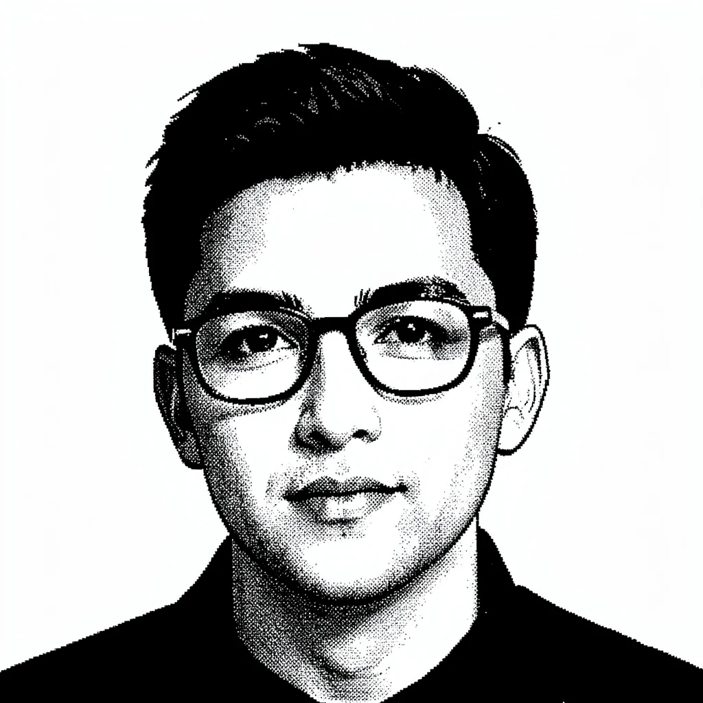 1-bit dithered illustration, person wearing glasses portrait , black and white o