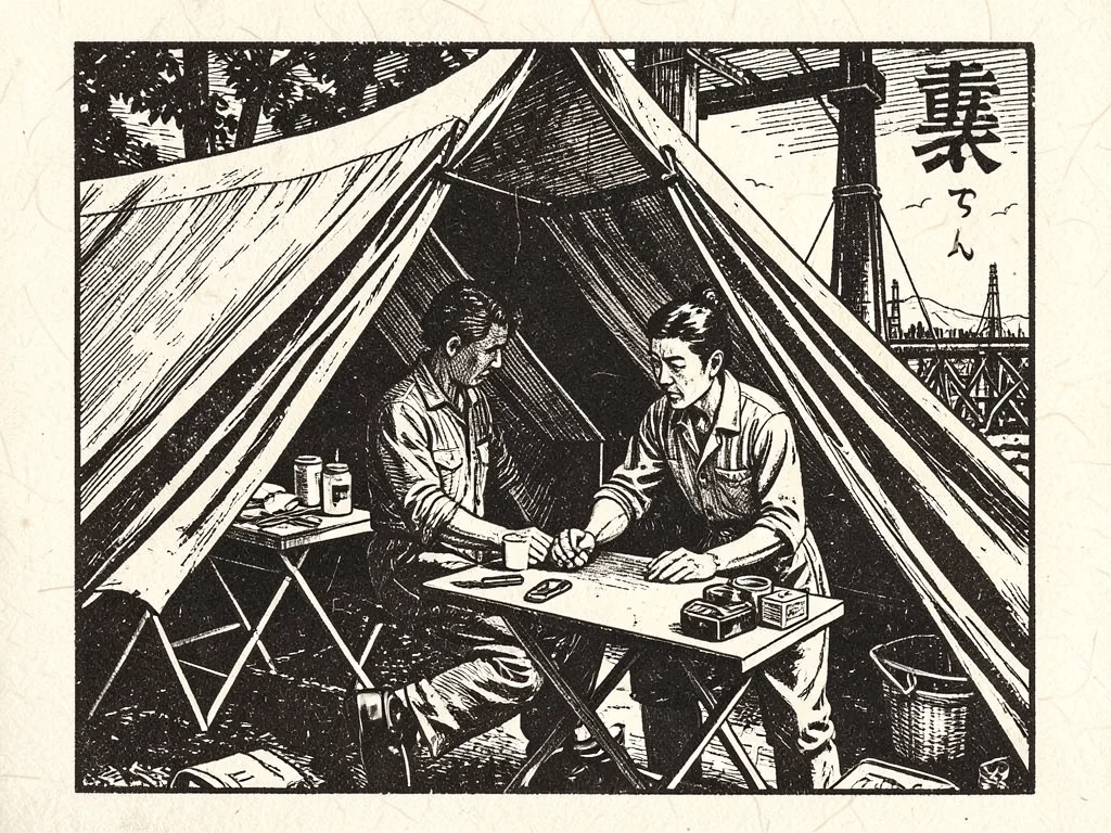 A field hospital tent with a nurse bandaging a worker's arm, medical supplies on