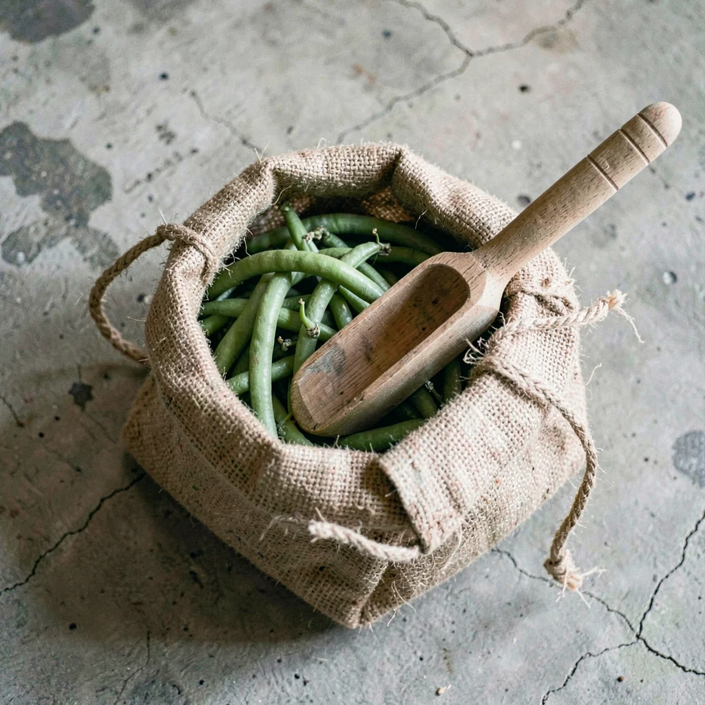 Overhead still life of a green-bean burlap sack split open on a concrete floor, 