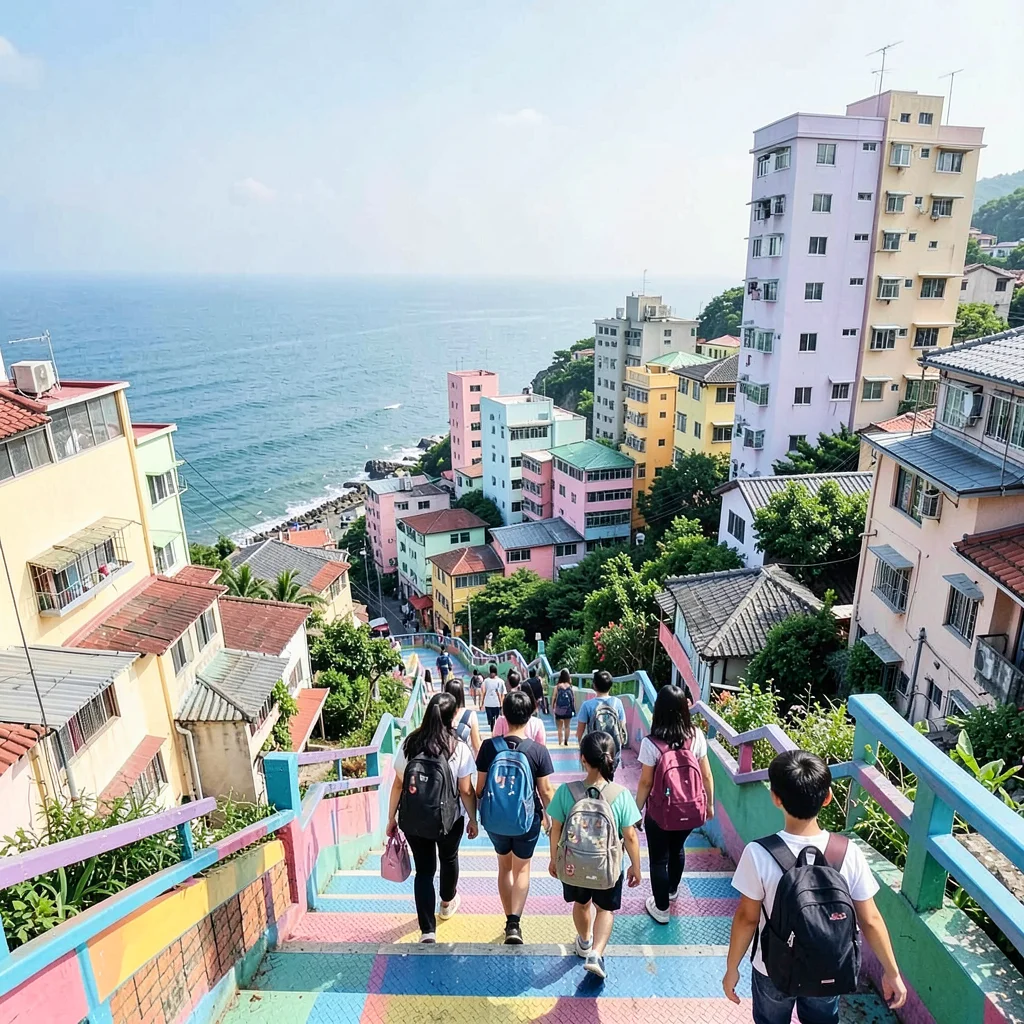 Busan vertical density, hillside village stacking, schoolchildren walking up ste