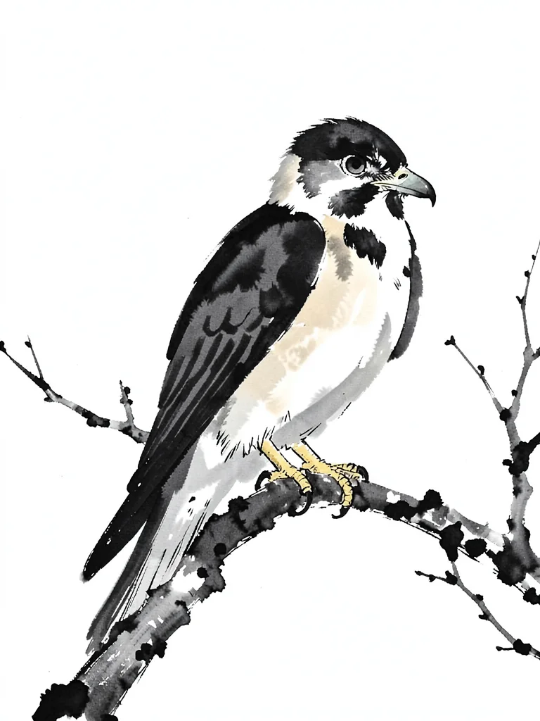 Hawk perched on a bare branch, eyes alert, heavy ink on light breast