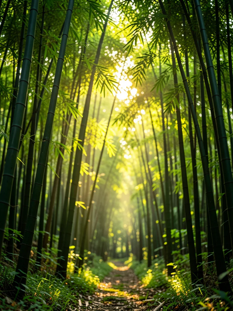 Sunlight filtering through a dense bamboo forest, green light everywhere