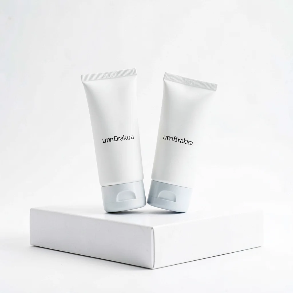 Minimal still of two unbranded tubes at slight offset on a white plinth, gentle 