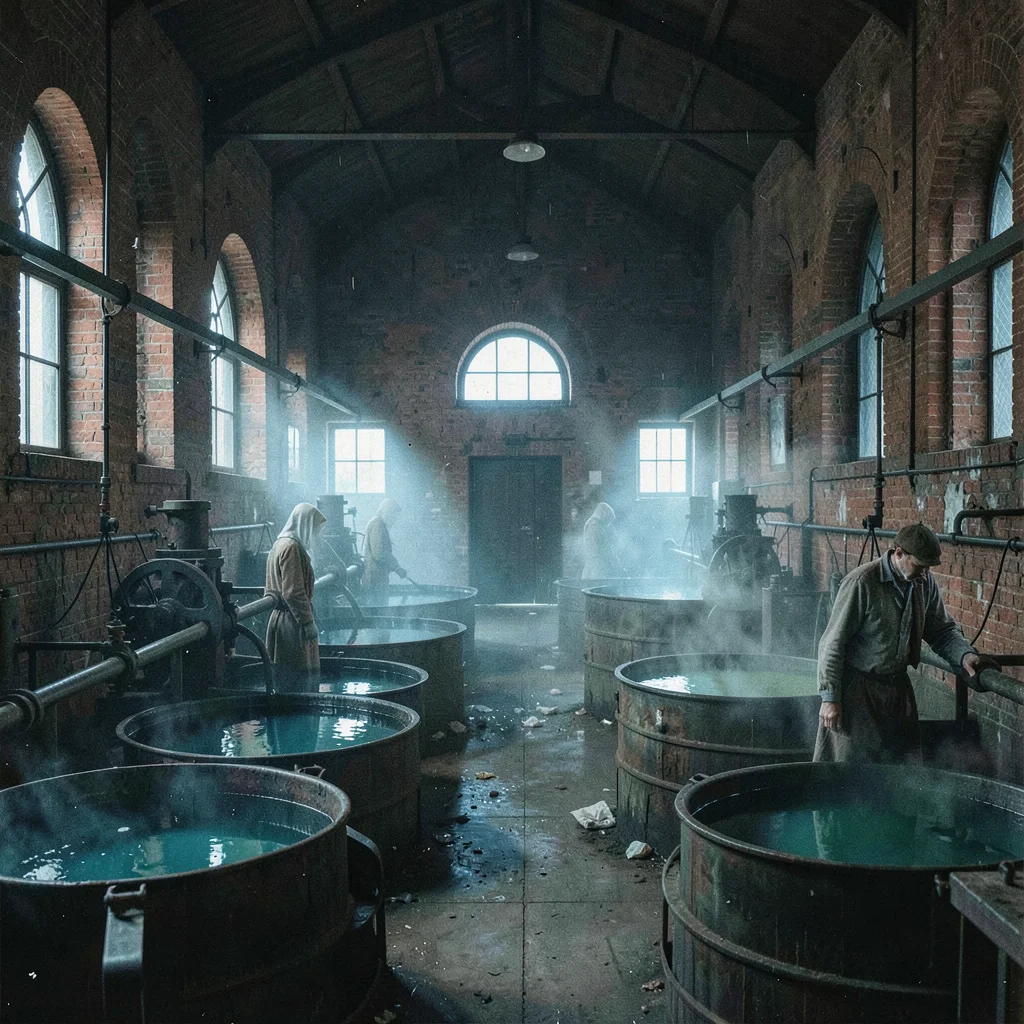 Textile factory ghosts in industrial Łódź, dye house vats reflecting blue-green 