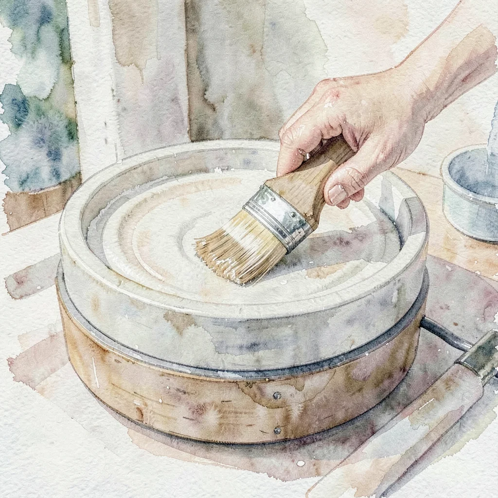 Documentary 4:5 of a hand brushing rind on a maturing wheel
