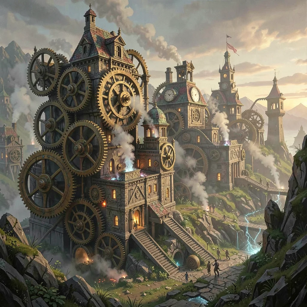 Fantasy environment illustration, a clockwork city with massive gears turning, s
