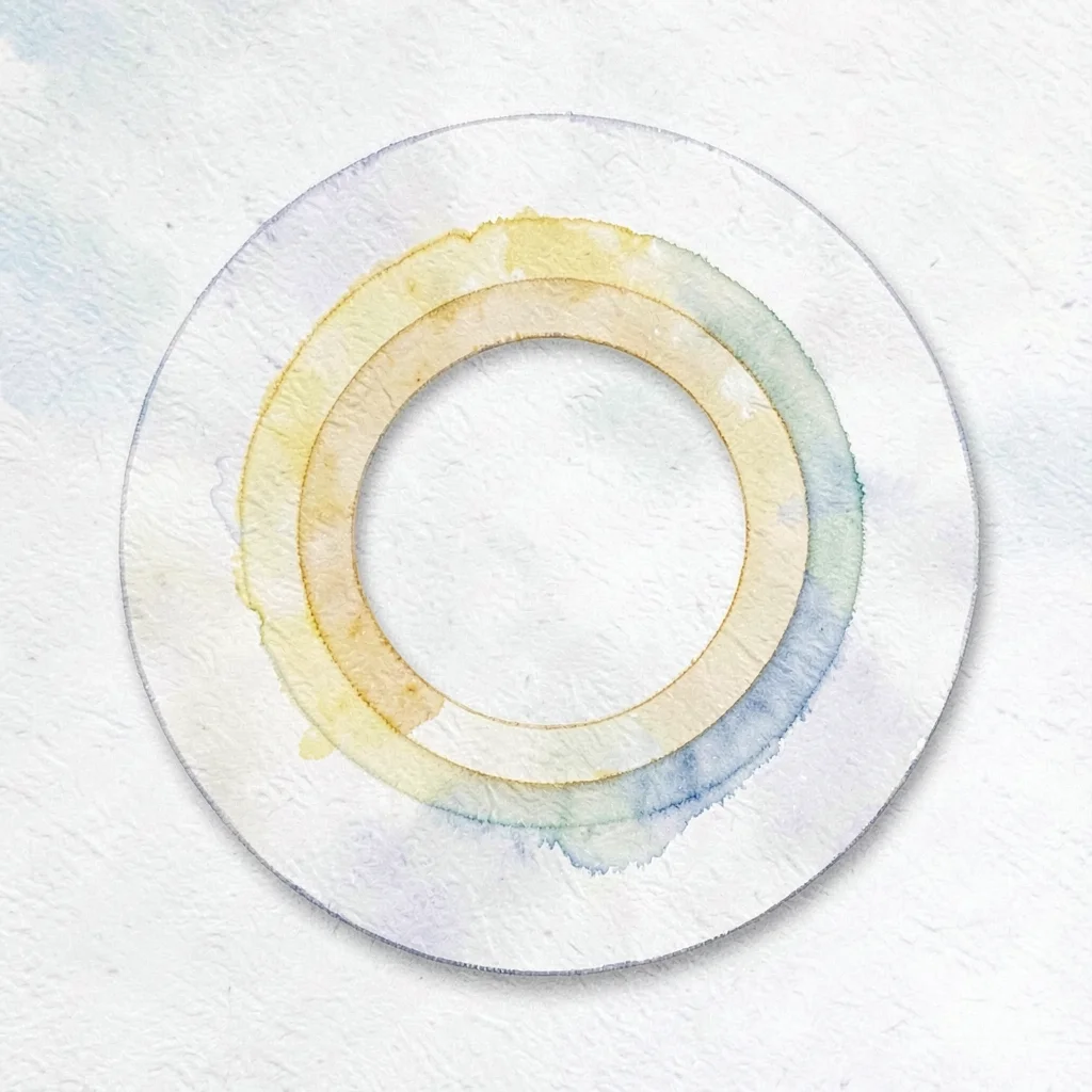 geometric circle of nested rings with a single butter-yellow band highlighted, s