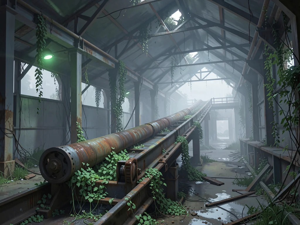 Long conveyor belt running through derelict loading shed with ivy spilling betwe
