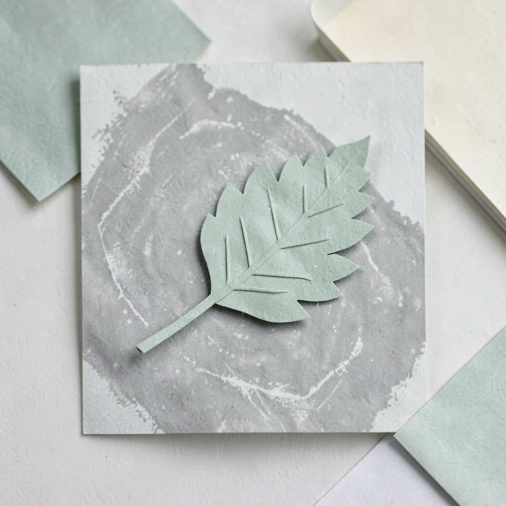 Papercraft composition of a layered paper-cut linden leaf across a chalk page, s
