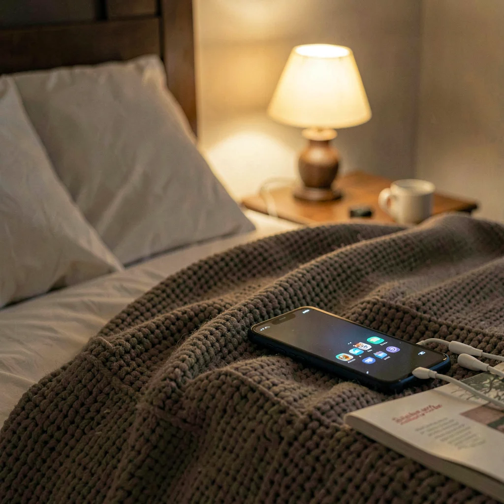 Quiet bedside scene with phone, earbuds, and a paperback on a knit blanket, low 