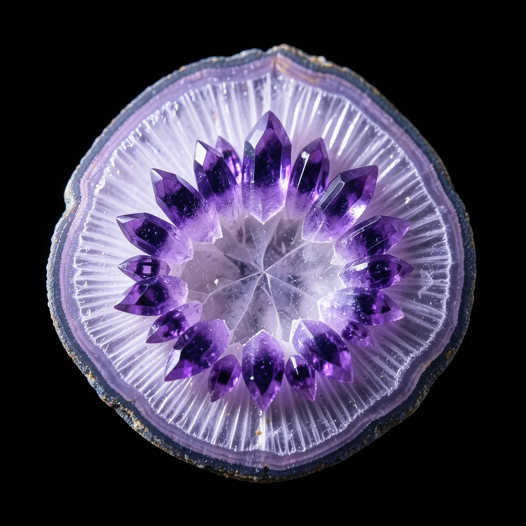 Amethyst geode cross-section showing purple crystal points graduating from deep 