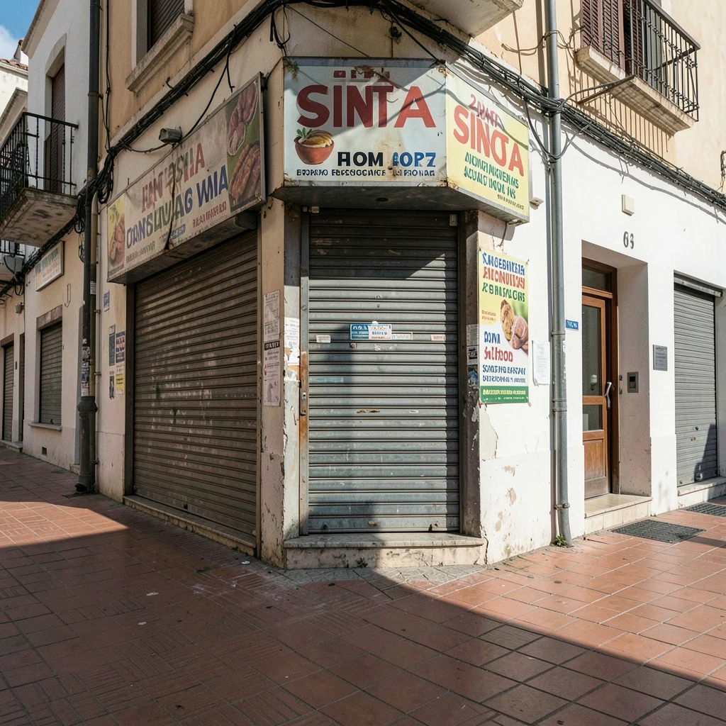 Siesta stillness, afternoon heat weight, A shop with metal shutters pulled down,