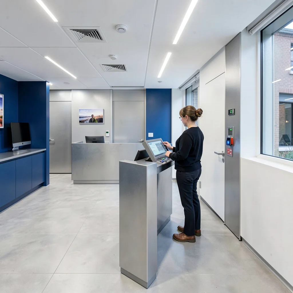 Editorial photograph, Modern bank branch interior, minimal design, customer at d