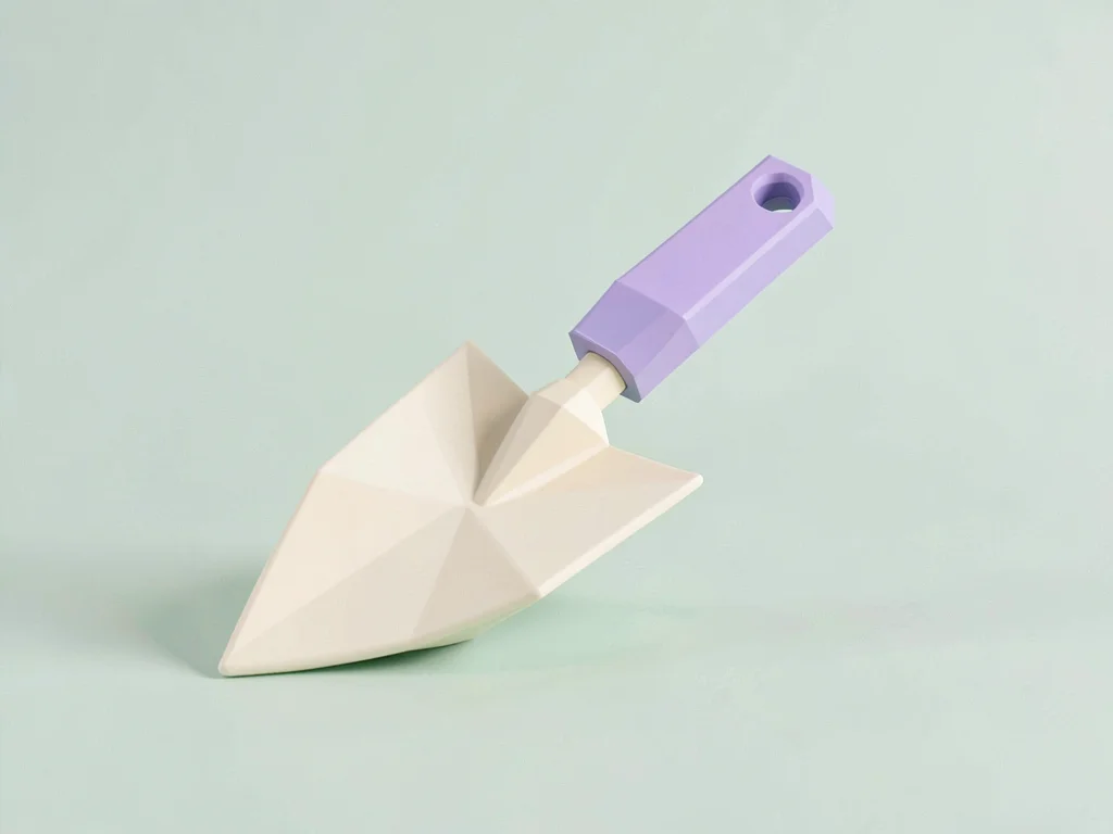 Garden peach lowpoly trowel with a triangulated cream blade and lavender handle 